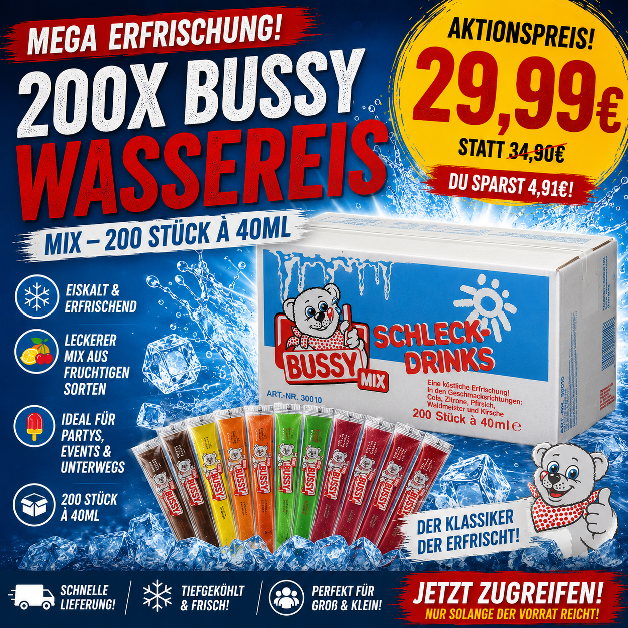 200x Bussy Wassereis 40ml verschiedene Sorten